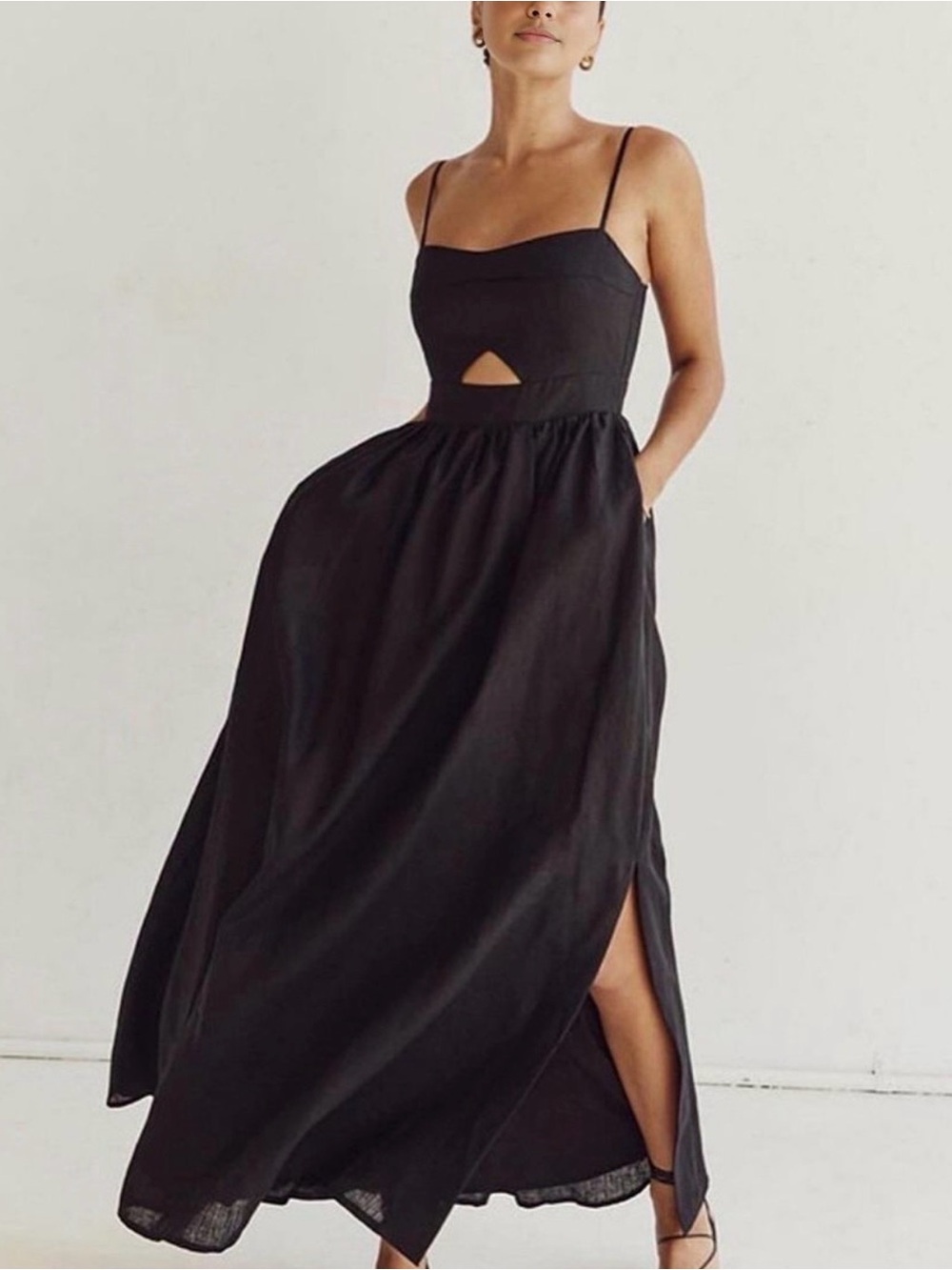 Commense Black Spaghetti-Strap Maxi Dress with Front Cutout